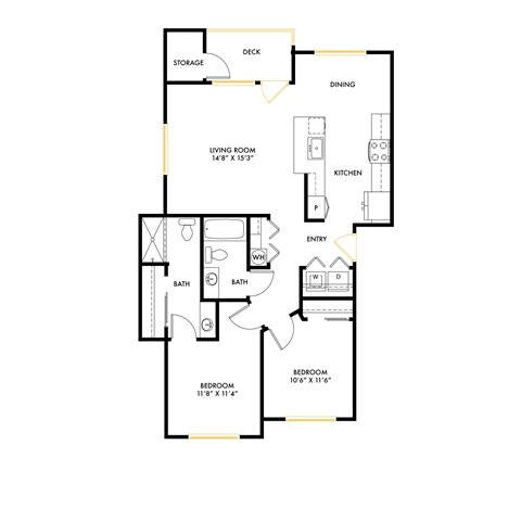 Floor plan for 2 beds, 2 baths, 1037 sqft